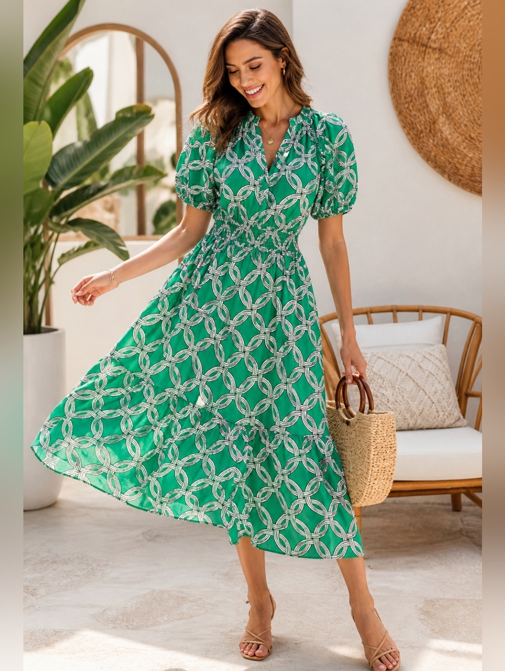 NY&C Green Chain Print Midi Dress NWT Puff Sleeve Smocked Waist Resort Small